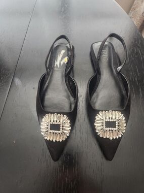 Women’s Black Pointed Slingback Flats with Crystal Buckle